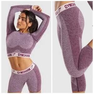 GYMSHARK Flex Long Sleeve Crop Top/Legging Set Bundle Dark Ruby Purple Women's M